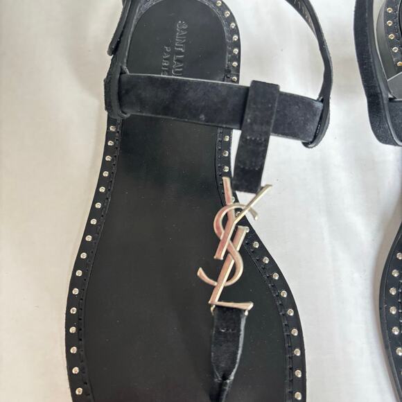 Saint Laurent Cassandra YSL Studded T-Strap Leather Flat Sandals Black Size 42 - Picture 5 of 14